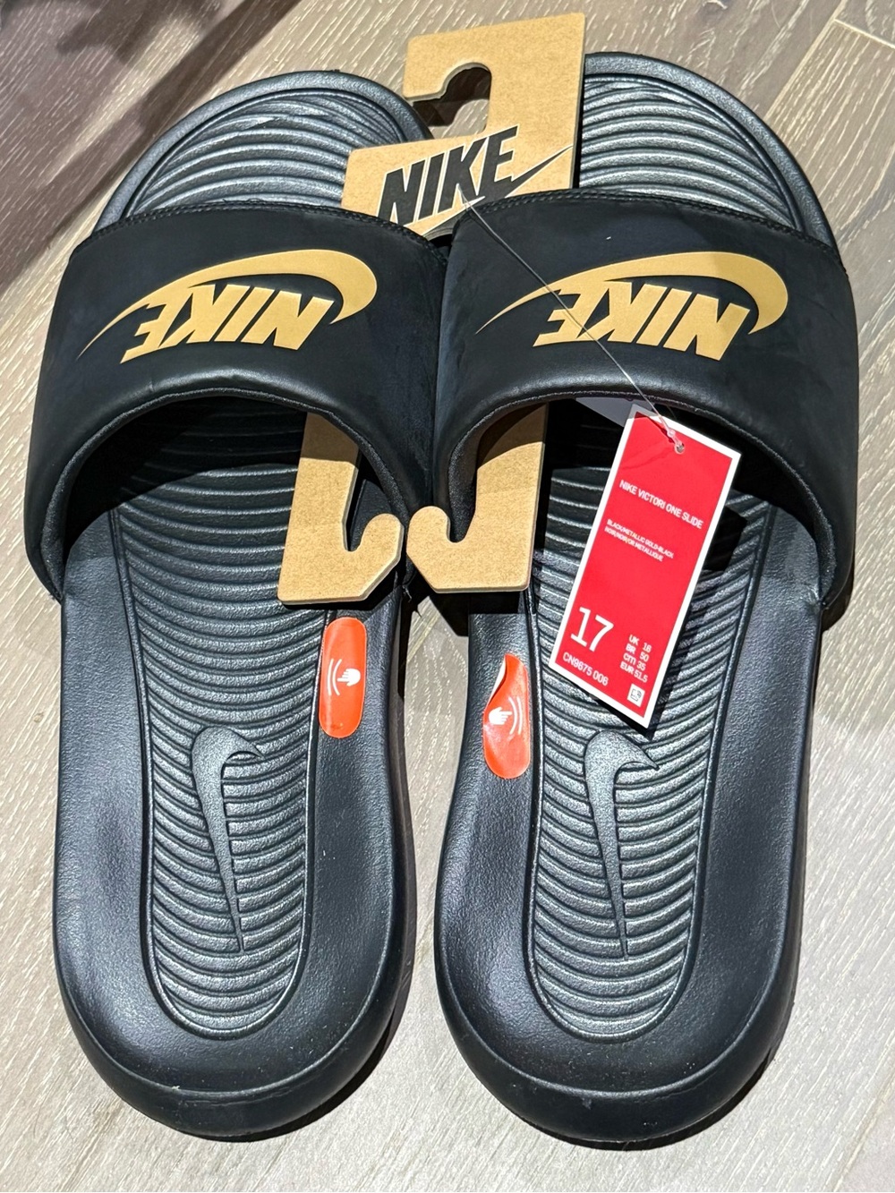 Nike Victori one Black and Gold Logo Slide Sandals 2785